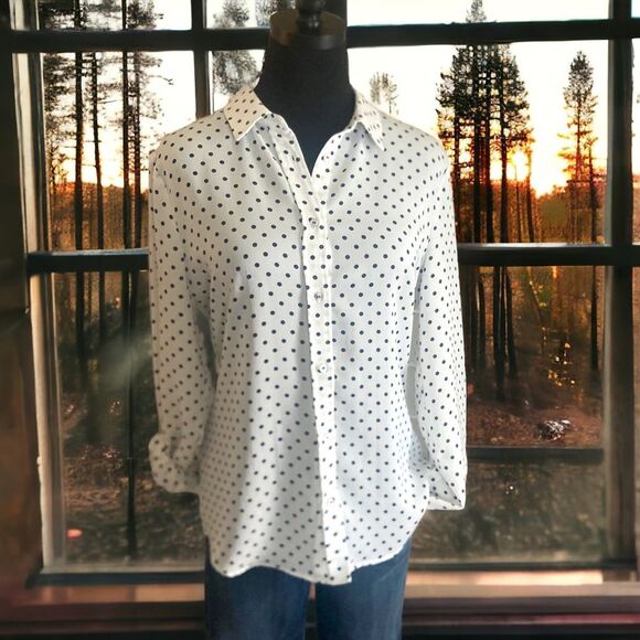 Laundry by Shelli Segal White Blouse with Navy Polka Dots, Size Small - Picture 9 of 12